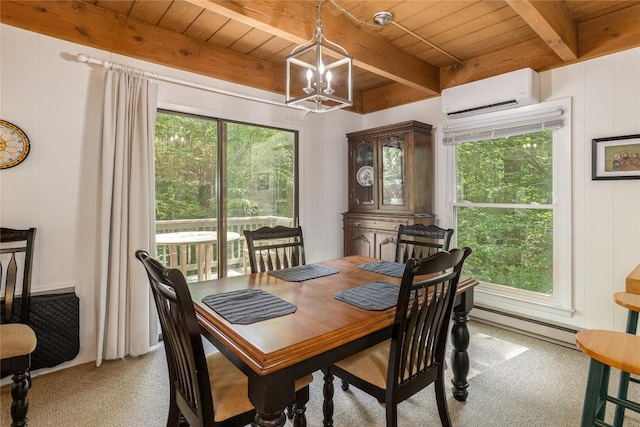 47 Red Bud Ct, Sapphire, NC 28774 - dining room featuring a wall mounted air conditioner, a baseboard radiator, light colored carpet, healthy amount of natural light, and wooden ceiling with exposed beams
