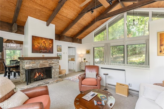 47 Red Bud Ct, Sapphire, NC 28774 - living area featuring a chandelier, carpet, a baseboard heating unit, wood ceiling with exposed beams, and high vaulted ceiling