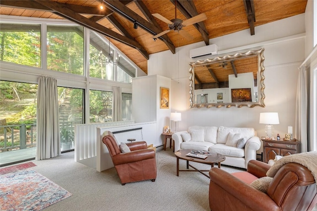 47 Red Bud Ct, Sapphire, NC 28774 - carpeted living room with wooden ceiling with exposed beams, a wall mounted AC, high vaulted ceiling, and a ceiling fan
