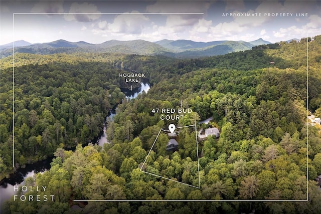 47 Red Bud Ct, Sapphire, NC 28774 - aerial view of property's location with a forest, property boundaries highlighted, and a mountain backdrop