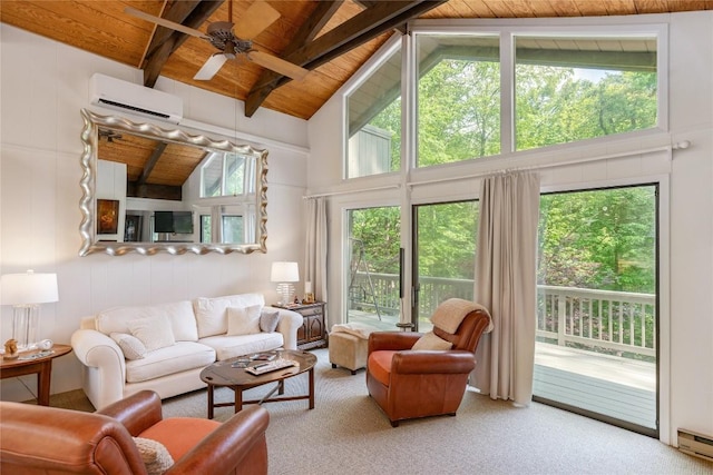 47 Red Bud Ct, Sapphire, NC 28774 - living room featuring wooden ceiling with exposed beams, a wall unit AC, ceiling fan, baseboard heating, and carpet floors
