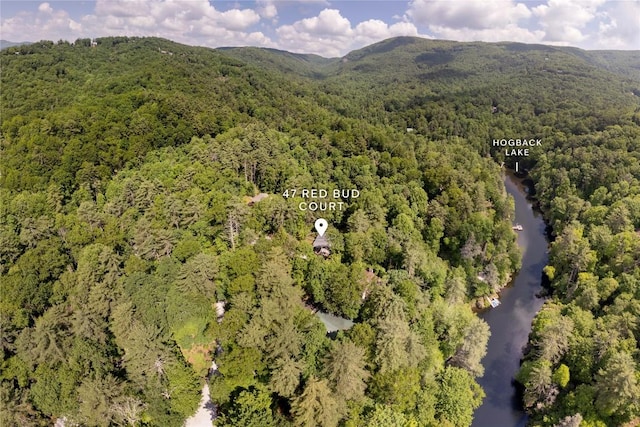 47 Red Bud Ct, Sapphire, NC 28774 - aerial overview of property's location with a heavily wooded area and a water and mountain view