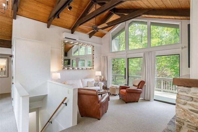 47 Red Bud Ct, Sapphire, NC 28774 - living area with wood ceiling with exposed beams, a wall unit AC, carpet flooring, high vaulted ceiling, and a ceiling fan