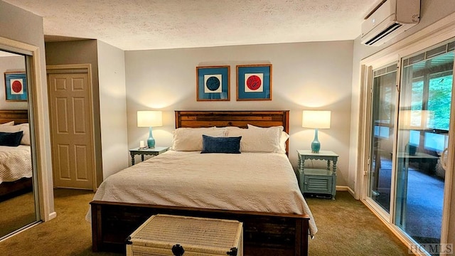 carpeted bedroom with a closet, a textured ceiling, and an AC wall unit