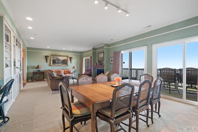 dining area featuring track lighting and light colored carpet