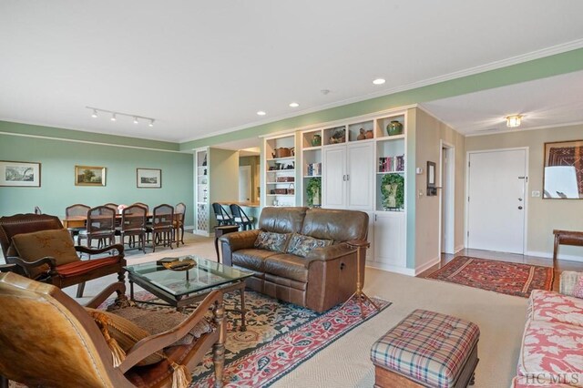 living room featuring track lighting, ornamental molding, and carpet