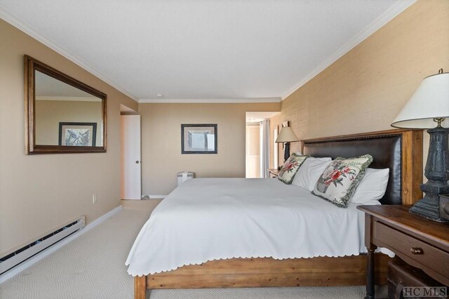 carpeted bedroom featuring ornamental molding and baseboard heating