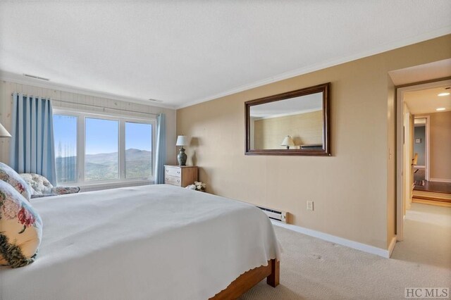 carpeted bedroom with ornamental molding, a mountain view, and baseboard heating