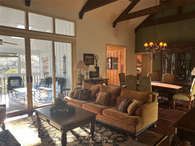 living room with an inviting chandelier, high vaulted ceiling, beam ceiling, and wood finished floors