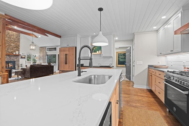 kitchen with backsplash, a stone fireplace, light wood-style flooring, high end range, and a sink