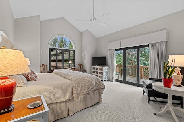 carpeted bedroom featuring ceiling fan, french doors, high vaulted ceiling, and access to exterior