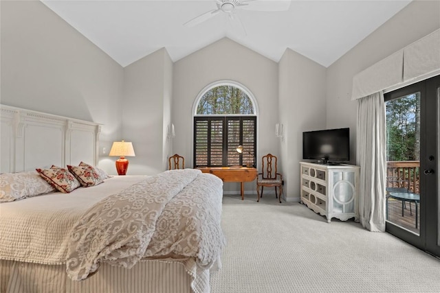 bedroom with carpet, baseboards, lofted ceiling, ceiling fan, and access to exterior