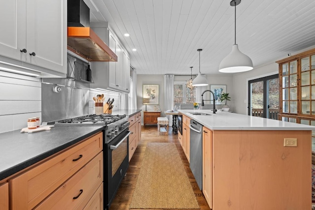 kitchen featuring wood finished floors, a sink, range with gas cooktop, wall chimney exhaust hood, and stainless steel dishwasher