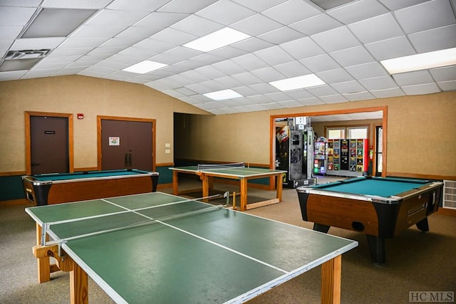 recreation room with billiards, vaulted ceiling, a paneled ceiling, and carpet