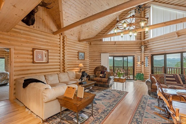 living room featuring beam ceiling, an inviting chandelier, high vaulted ceiling, light wood-type flooring, and log walls