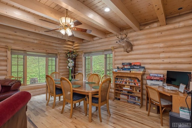 dining area with beam ceiling, wood ceiling, light hardwood / wood-style flooring, ceiling fan, and log walls