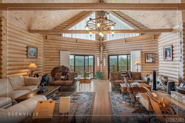 living room featuring rustic walls, high vaulted ceiling, a notable chandelier, hardwood / wood-style flooring, and beam ceiling