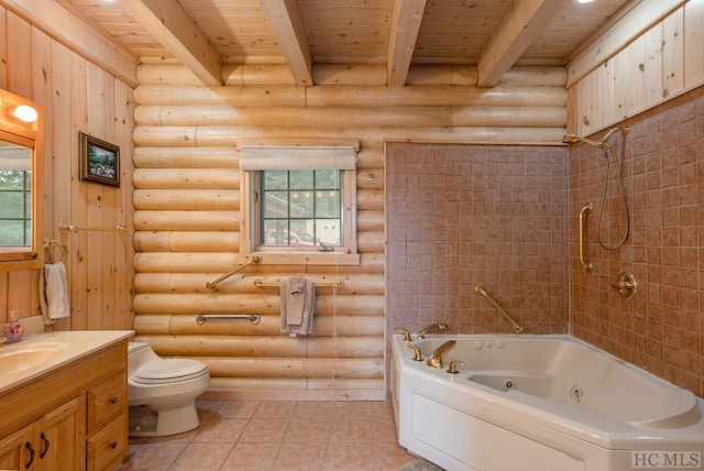 full bathroom with beamed ceiling, vanity, wooden ceiling, and rustic walls