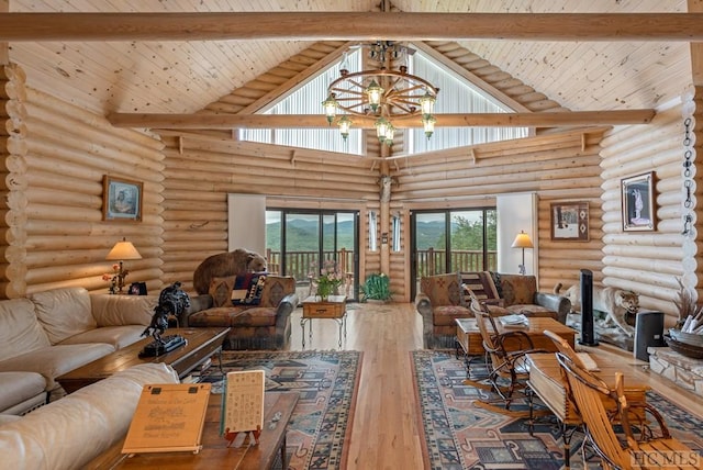 living room featuring rustic walls, an inviting chandelier, hardwood / wood-style floors, beam ceiling, and high vaulted ceiling