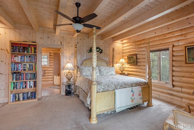 bedroom with beamed ceiling, ceiling fan, log walls, and wooden ceiling