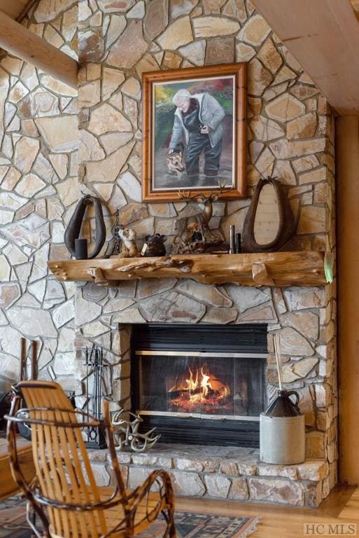 room details with a stone fireplace