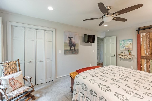 226 Sky Lake Dr, Highlands, NC 28741 - bedroom with light carpet, recessed lighting, a closet, a ceiling fan, and baseboards