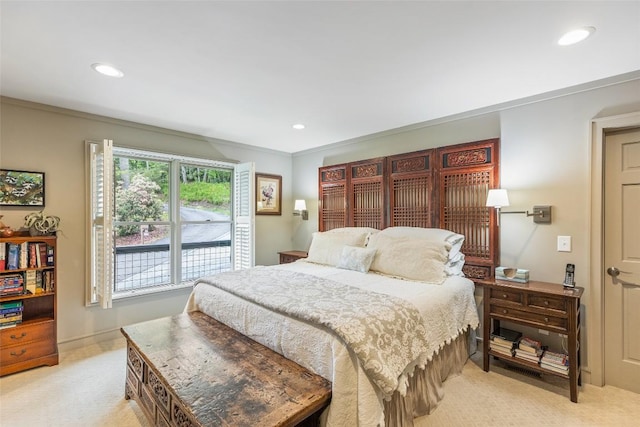 226 Sky Lake Dr, Highlands, NC 28741 - bedroom with light colored carpet, recessed lighting, crown molding, and baseboards