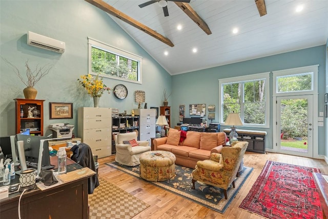 226 Sky Lake Dr, Highlands, NC 28741 - living area featuring a wall mounted AC, hardwood / wood-style flooring, a desk, high vaulted ceiling, and a ceiling fan