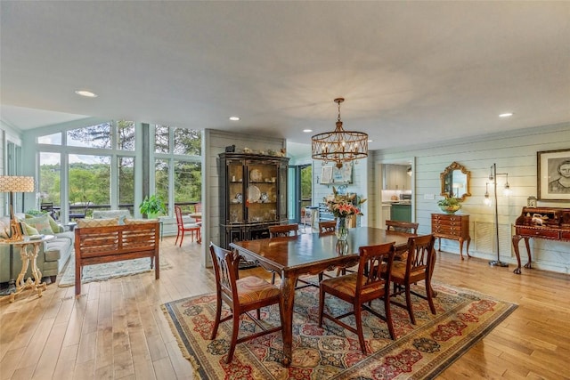 226 Sky Lake Dr, Highlands, NC 28741 - dining room featuring light wood-type flooring, a chandelier, recessed lighting, and expansive windows