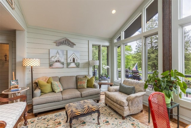 226 Sky Lake Dr, Highlands, NC 28741 - sunroom / solarium featuring wood finished floors, lofted ceiling, and recessed lighting