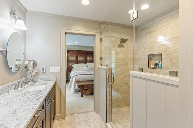226 Sky Lake Dr, Highlands, NC 28741 - bathroom featuring vanity, ensuite bath, a stall shower, marble finish flooring, and recessed lighting