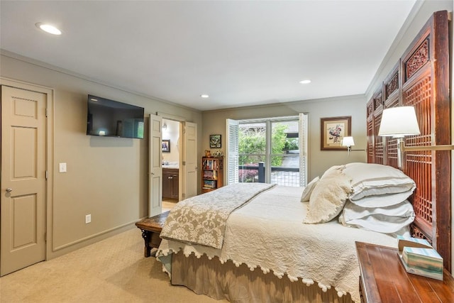 226 Sky Lake Dr, Highlands, NC 28741 - bedroom with access to exterior, light colored carpet, recessed lighting, ornamental molding, and ensuite bath