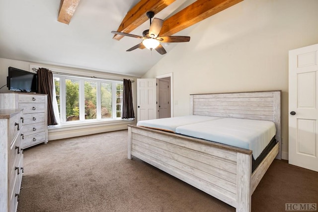 bedroom featuring vaulted ceiling with beams, ceiling fan, and dark colored carpet