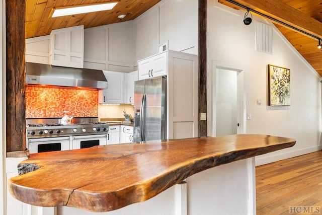 kitchen with wood ceiling, white cabinetry, tasteful backsplash, light wood-type flooring, and stainless steel appliances