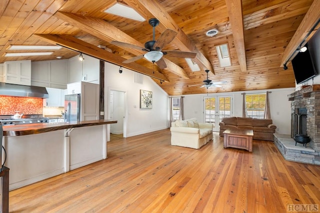 living room featuring beamed ceiling, light wood-type flooring, wood ceiling, and a skylight