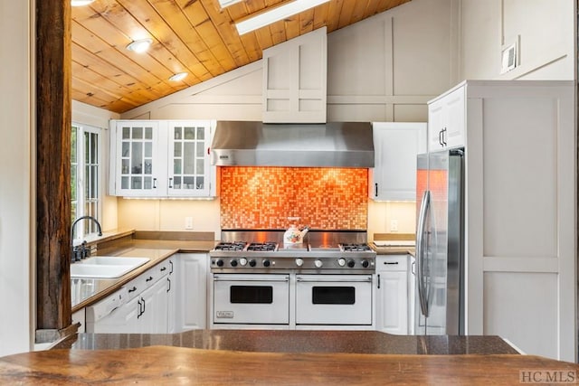 kitchen with vaulted ceiling, sink, white cabinets, wood ceiling, and stainless steel appliances