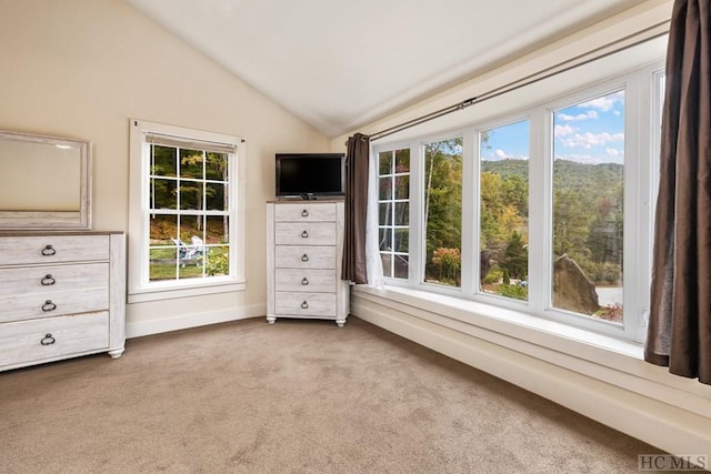 spare room with lofted ceiling, plenty of natural light, and carpet