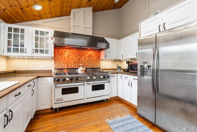 kitchen featuring extractor fan, wood ceiling, light hardwood / wood-style flooring, appliances with stainless steel finishes, and white cabinets