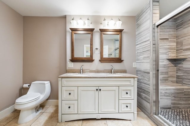 bathroom featuring tile patterned flooring, vanity, a shower with door, and toilet