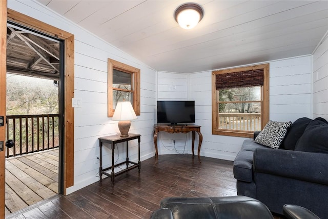 living room featuring wooden ceiling and hardwood / wood-style flooring