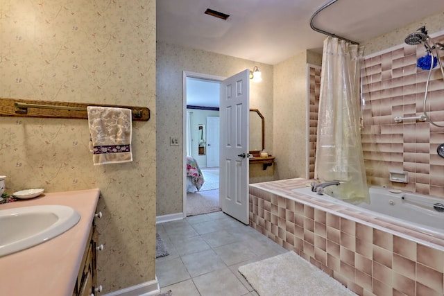 70 Fairway Ln, Sky Valley, GA 30537 - bathroom featuring wallpapered walls, tiled shower / bath combo, vanity, and tile patterned floors