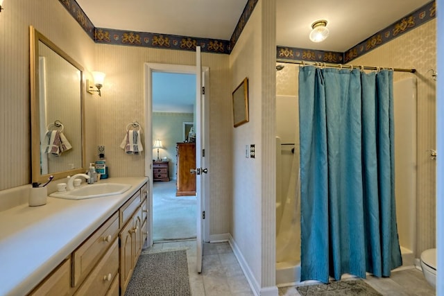 70 Fairway Ln, Sky Valley, GA 30537 - full bath with vanity, curtained shower, wallpapered walls, and tile patterned flooring