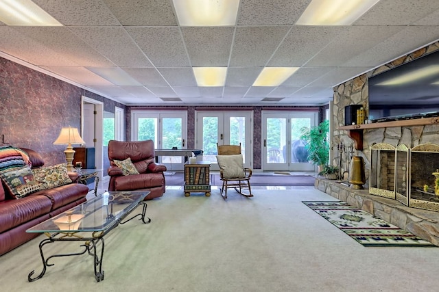 70 Fairway Ln, Sky Valley, GA 30537 - carpeted living room featuring a fireplace and a paneled ceiling