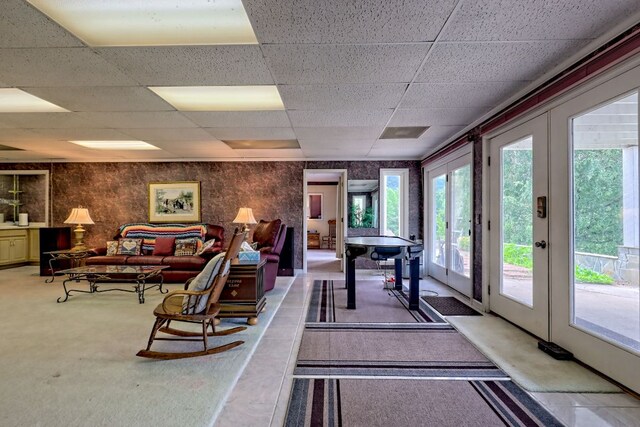 70 Fairway Ln, Sky Valley, GA 30537 - game room with a drop ceiling, plenty of natural light, french doors, and carpet floors
