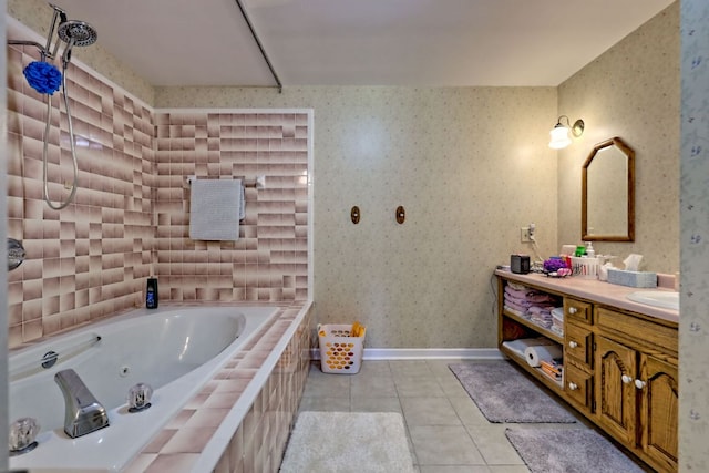 70 Fairway Ln, Sky Valley, GA 30537 - bathroom featuring a whirlpool tub, vanity, tile patterned flooring, and wallpapered walls