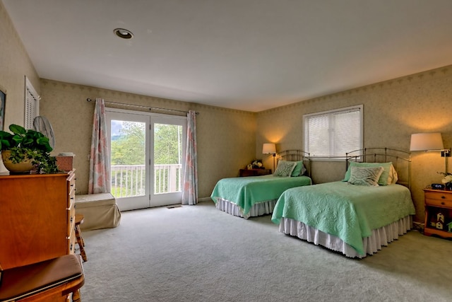 70 Fairway Ln, Sky Valley, GA 30537 - bedroom with access to exterior, wallpapered walls, multiple windows, and carpet floors