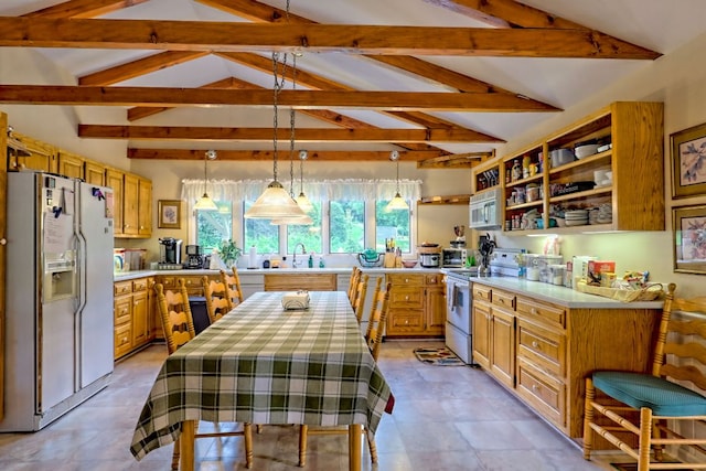 70 Fairway Ln, Sky Valley, GA 30537 - kitchen featuring white appliances, light countertops, pendant lighting, and open shelves