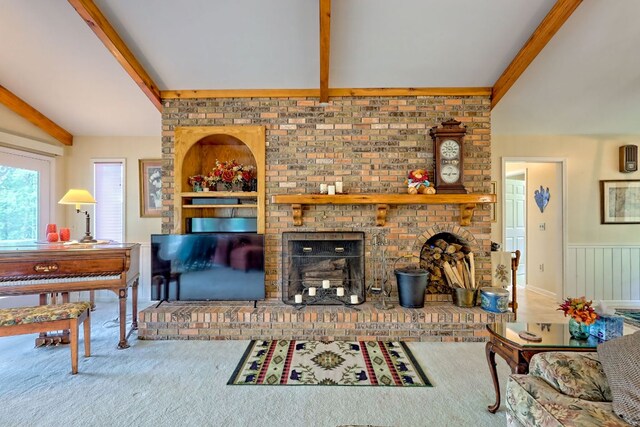 70 Fairway Ln, Sky Valley, GA 30537 - carpeted living area with beamed ceiling, a brick fireplace, and wainscoting