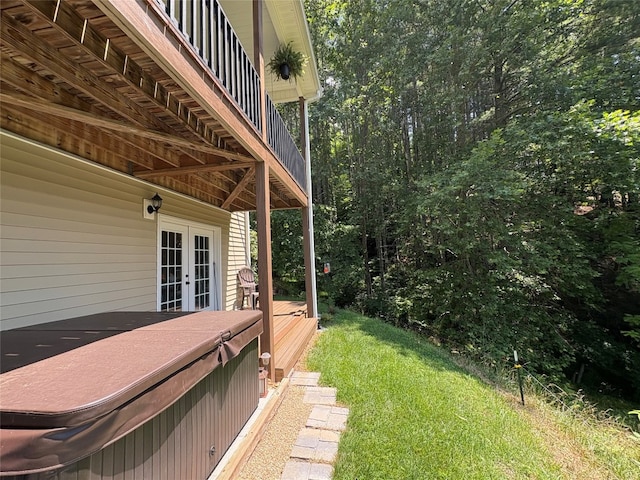 210 Triple Fork Rd, Cullowhee, NC 28723 - view of green lawn featuring french doors and a hot tub