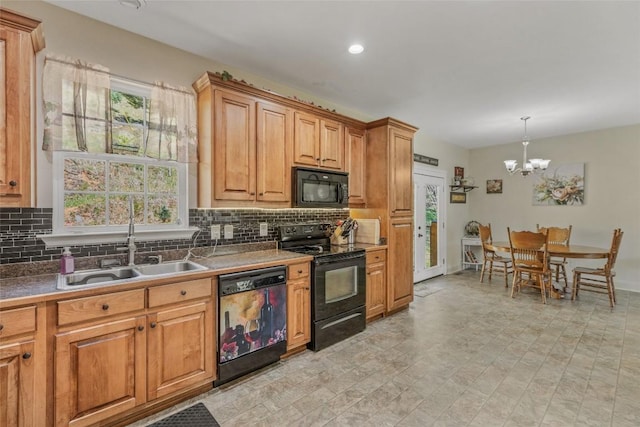 210 Triple Fork Rd, Cullowhee, NC 28723 - kitchen with black appliances, decorative backsplash, a chandelier, decorative light fixtures, and brown cabinets